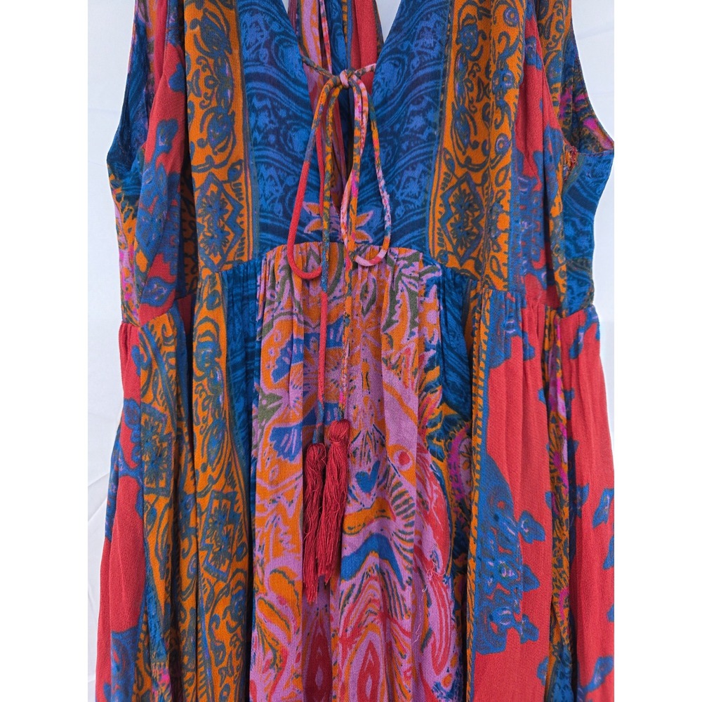 Free People Red Blue Paisley Boho Maxi Dress Size 4 Tassel Tie Back Strappy - Picture 2 of 11
